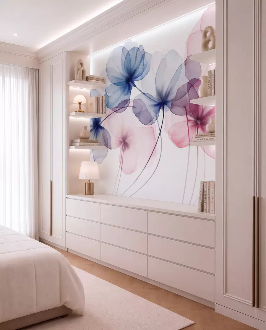 Fotobehang Doorschijnende, gestructureerde blauwe en roze bloemen op een lichte achtergrond, met elkaar overlappende delicate bloemblaadjes w09892