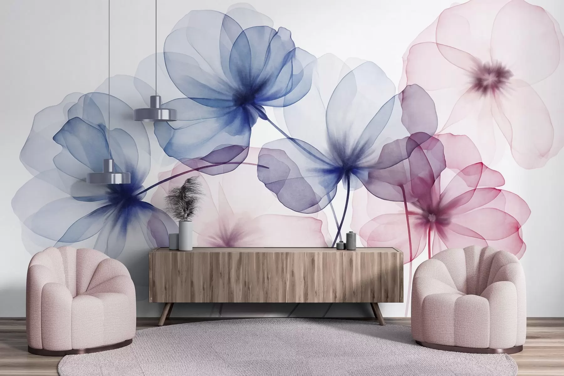 Fotobehang Doorschijnende, gestructureerde blauwe en roze bloemen op een lichte achtergrond, met elkaar overlappende delicate bloemblaadjes w09892