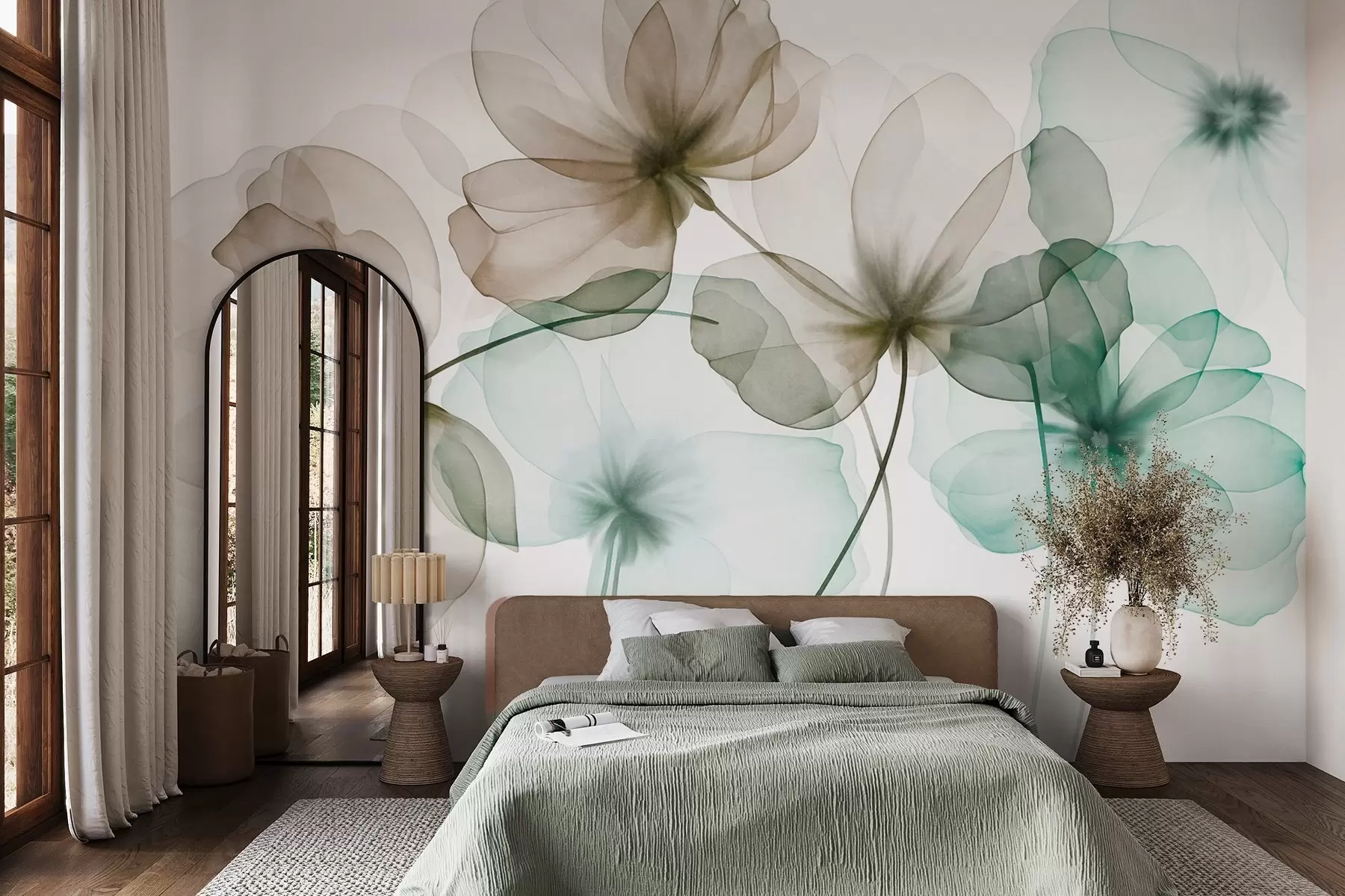 Fotobehang Doorschijnende, gestructureerde groene en bruine bloemen op een lichte achtergrond, met elkaar overlappende delicate bloemblaadjes w09892v1