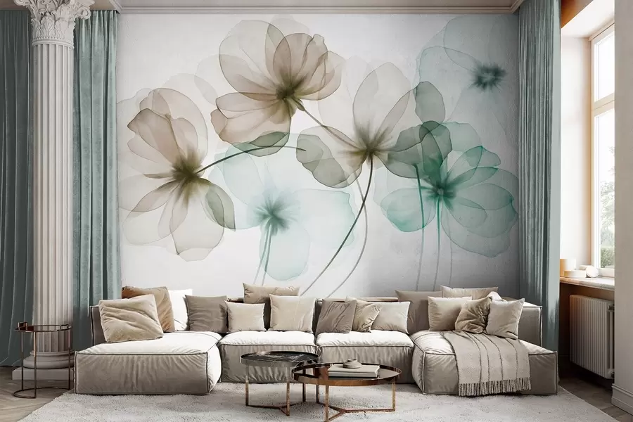 Fotobehang Doorschijnende, gestructureerde groene en bruine bloemen op een lichte achtergrond, met elkaar overlappende delicate bloemblaadjes w09892v1
