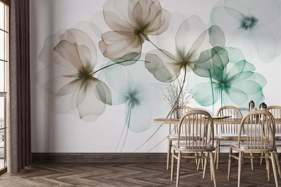 Fotobehang Doorschijnende, gestructureerde groene en bruine bloemen op een lichte achtergrond, met elkaar overlappende delicate bloemblaadjes w09892v1