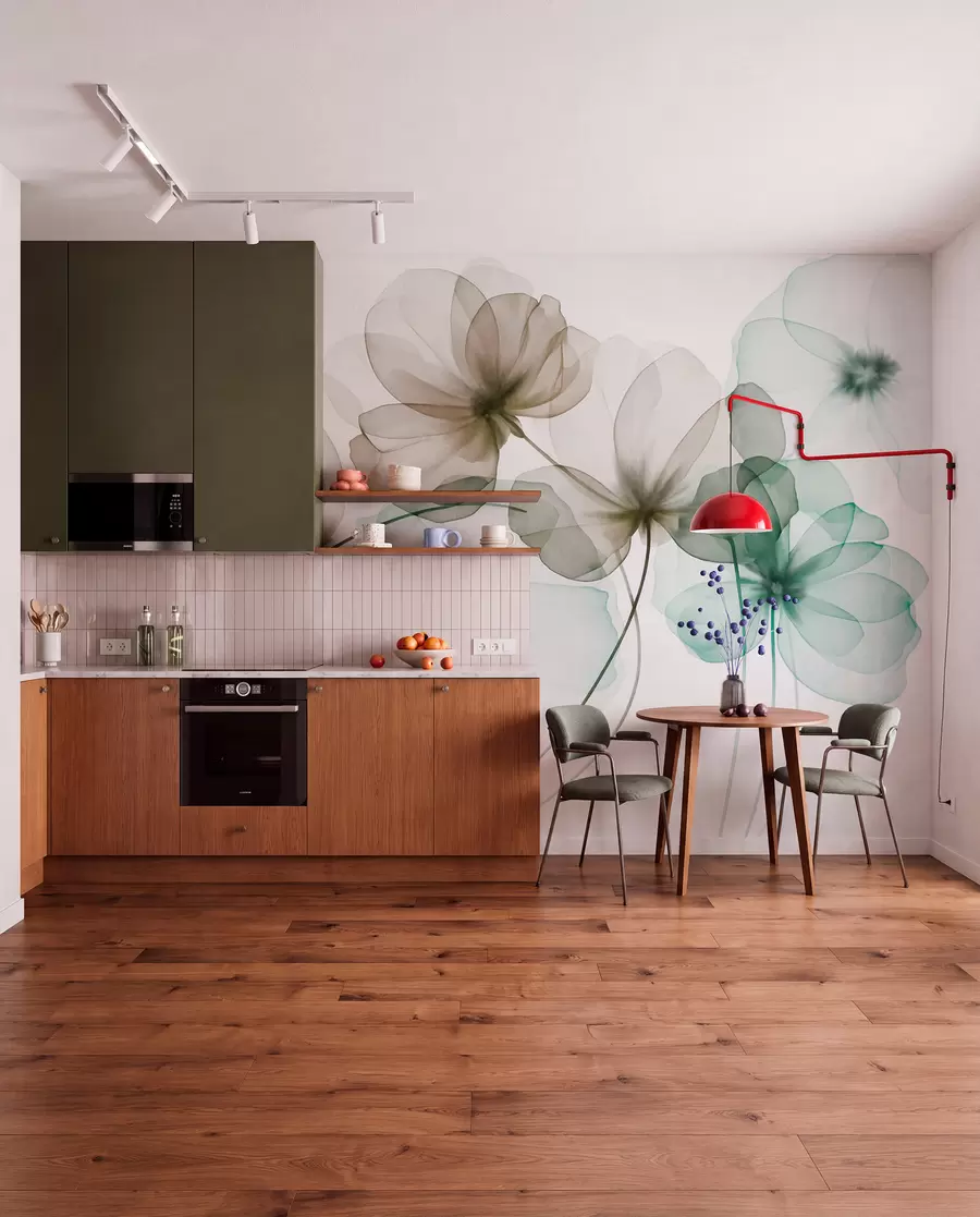 Fotobehang Doorschijnende, gestructureerde groene en bruine bloemen op een lichte achtergrond, met elkaar overlappende delicate bloemblaadjes w09892v1