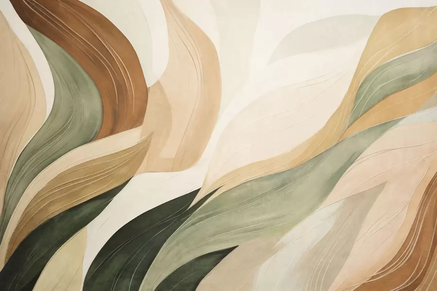 Fotobehang Abstracte organische vormen in aardse tinten van groen, bruin en beige met vloeiende texturen w09894
