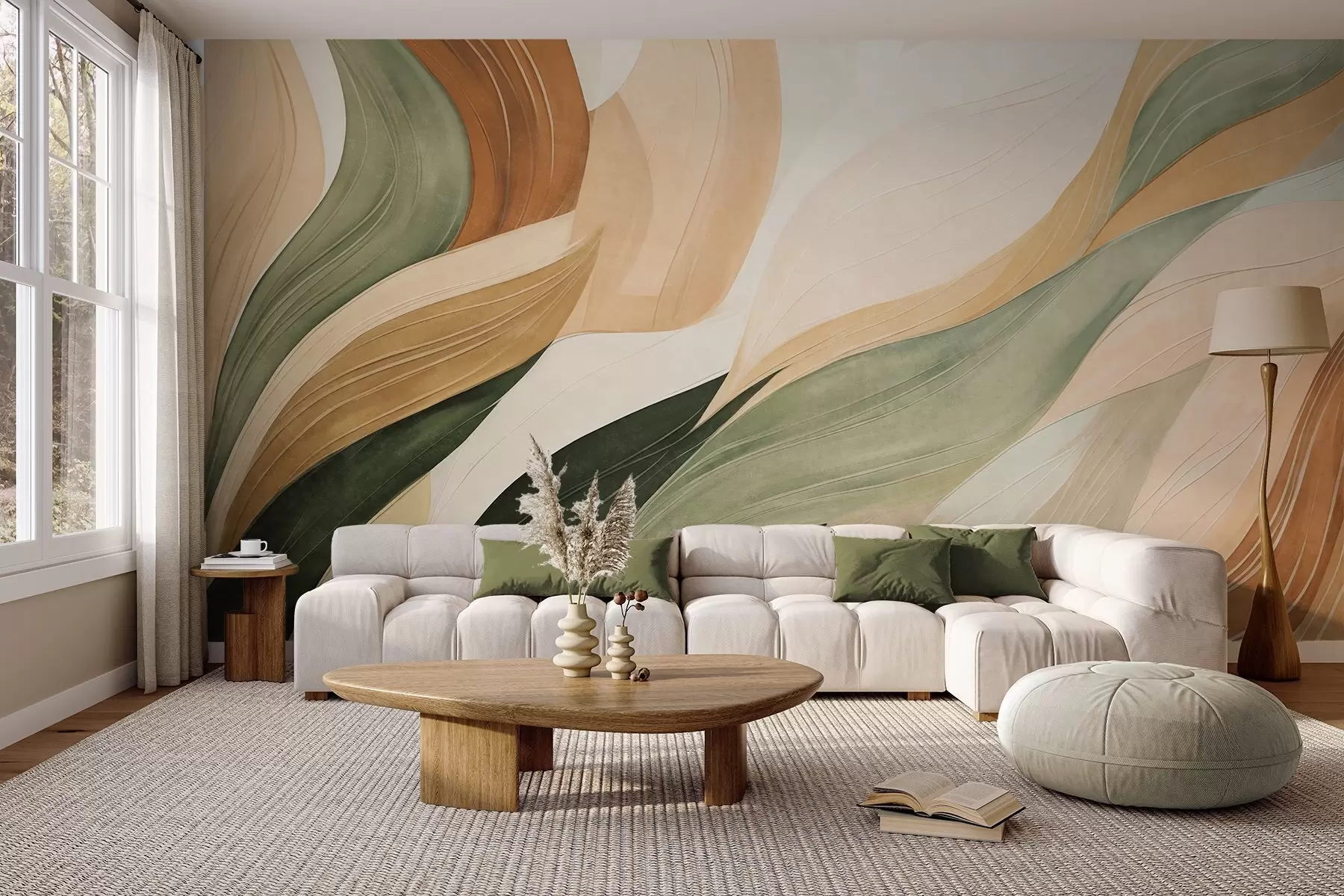 Fotobehang Abstracte organische vormen in aardse tinten van groen, bruin en beige met vloeiende texturen w09894