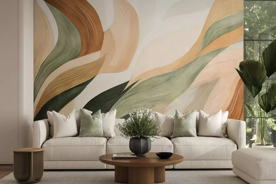 Fotobehang Abstracte organische vormen in aardse tinten van groen, bruin en beige met vloeiende texturen w09894