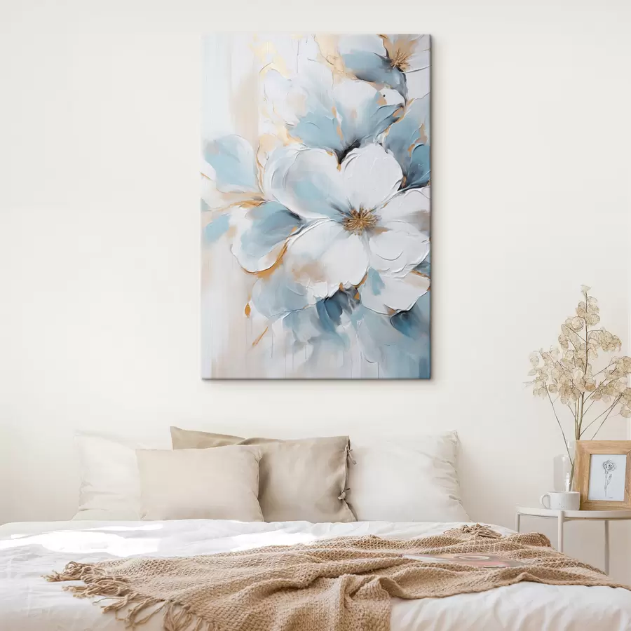  Schilderijen Witte en lichtblauwe bloemen, geschilderd in een stijl met gestructureerde penseelstreken s49462