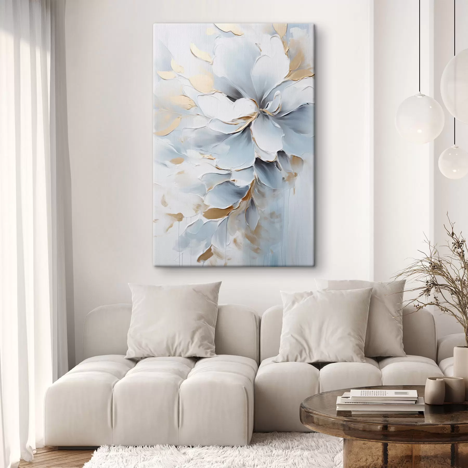  Schilderijen Witte en lichtblauwe bloemen, geschilderd in een stijl met gestructureerde penseelstreken s49463
