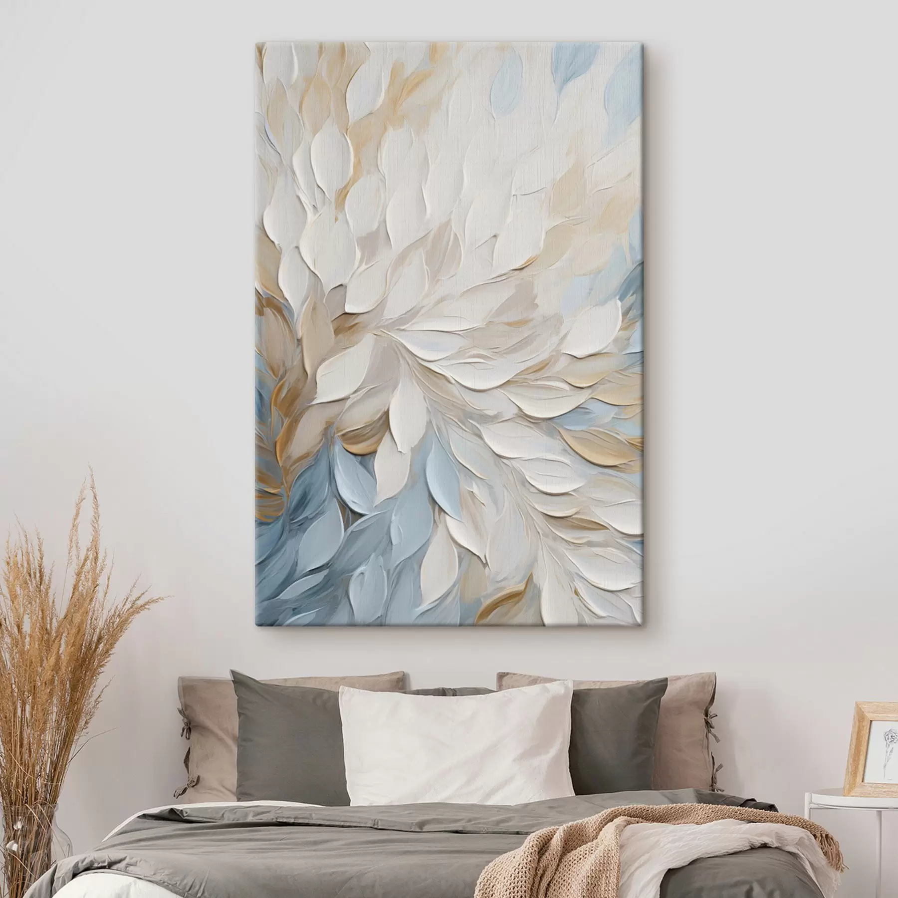  Schilderijen Schilderij met een abstracte structuur, met penseelstreken in wit, blauw en beige s49464