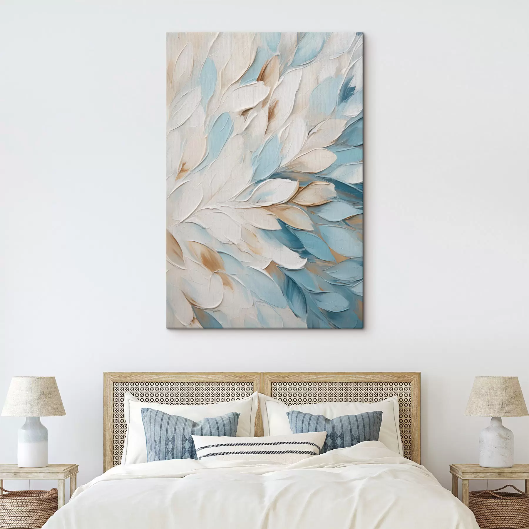  Schilderijen Schilderij met een abstracte structuur en penseelstreken in wit, blauw en beige s49465