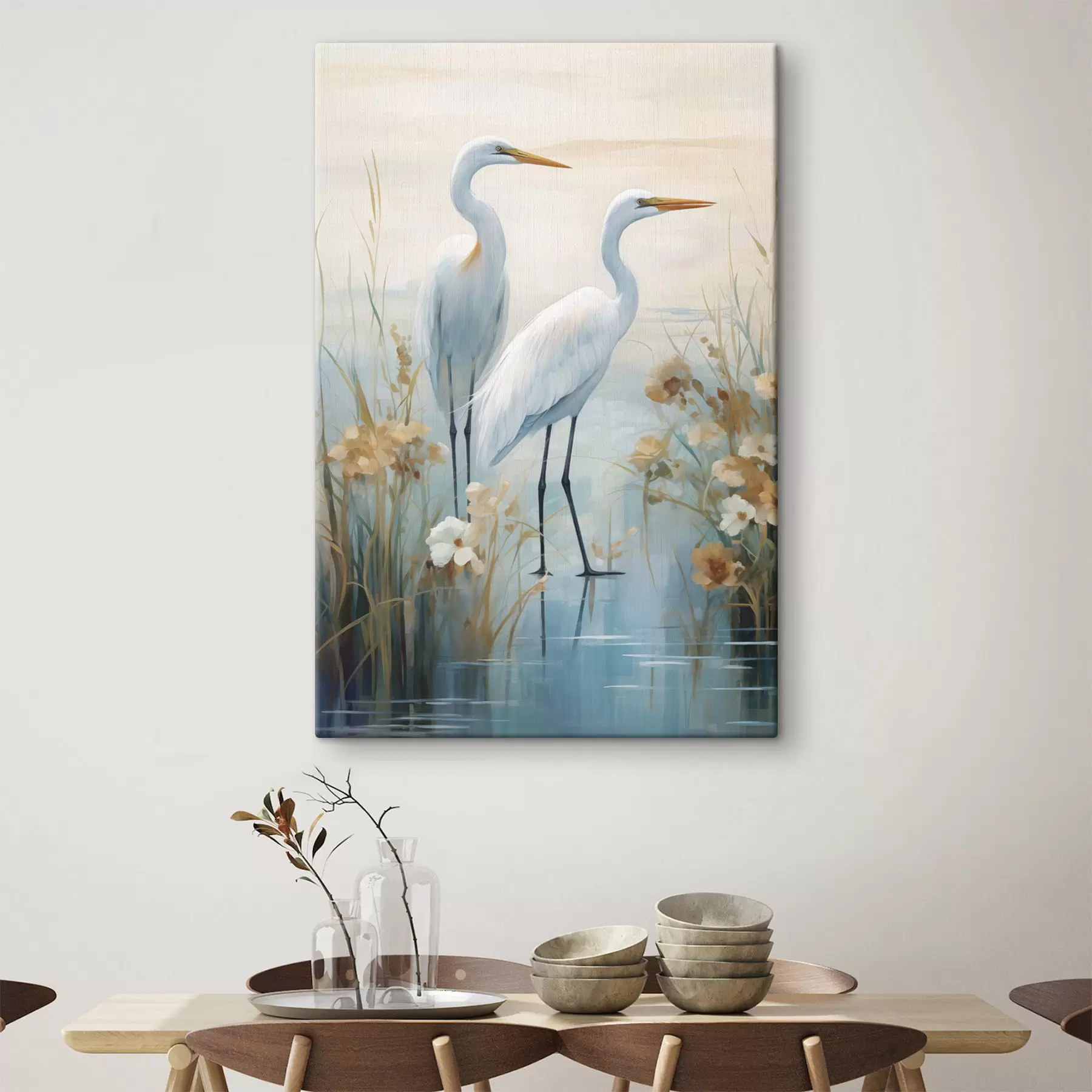  Schilderijen Witte reigers in ondiep water tegen een zachte, wazige achtergrond, landschapskunst s49466
