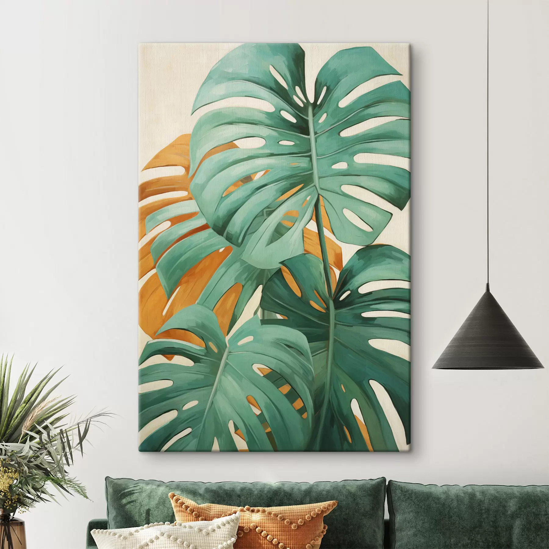  Schilderijen Grote monstera-bladeren, minimalistische kunst met textuur s49468