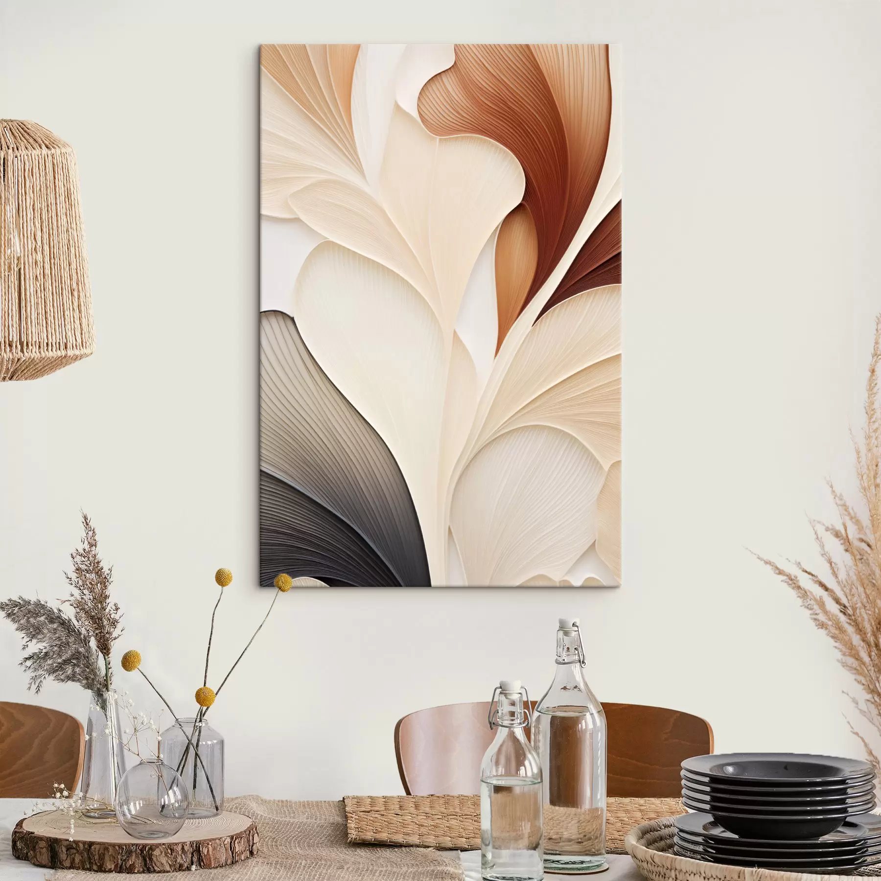 Schilderijen Abstracte compositie van gelaagde, bloembladachtige vormen met delicate, vloeiende lijnen s49471