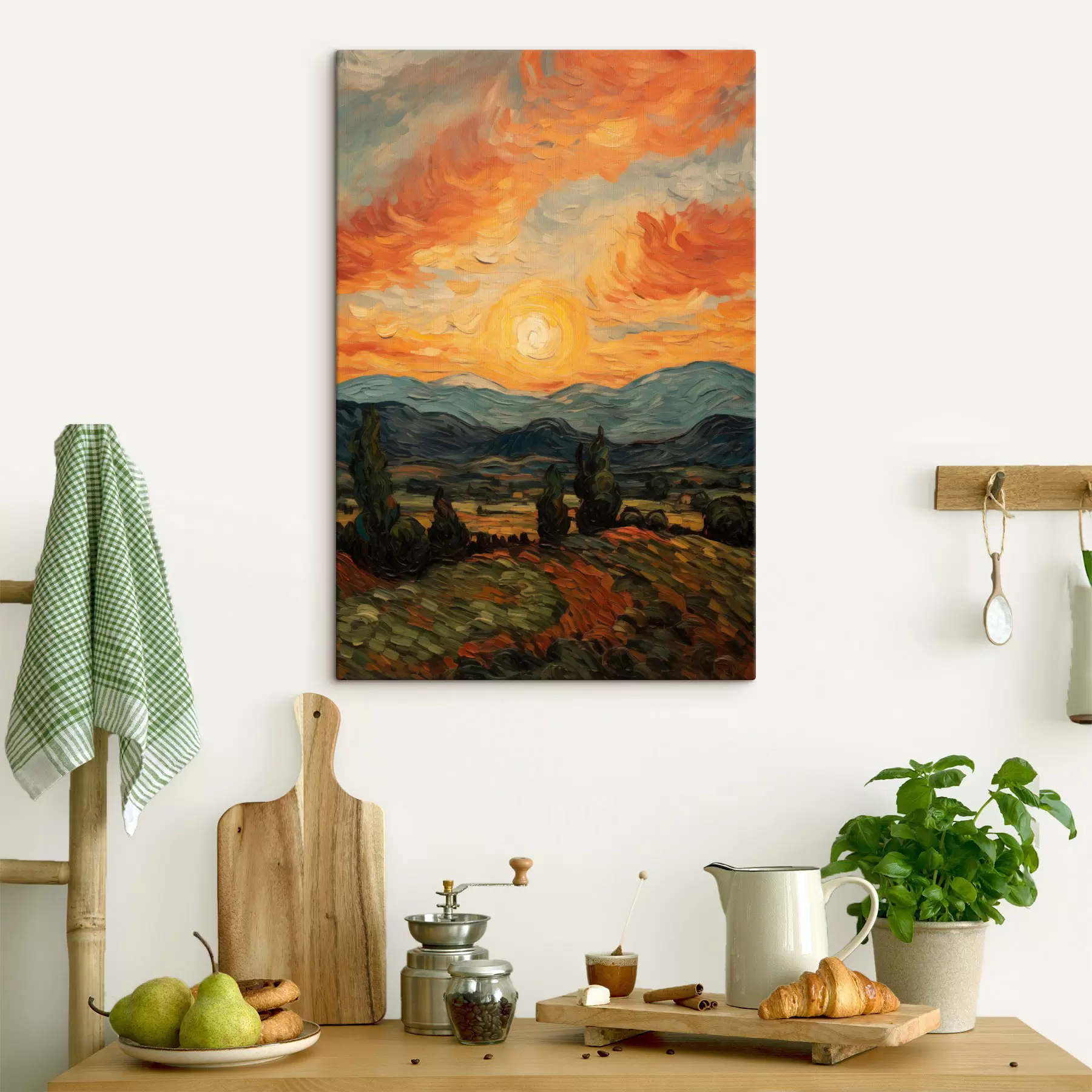  Schilderijen Levendig landschap, oranje en gele lucht met een zon, gestileerde kunst met textuur s49479