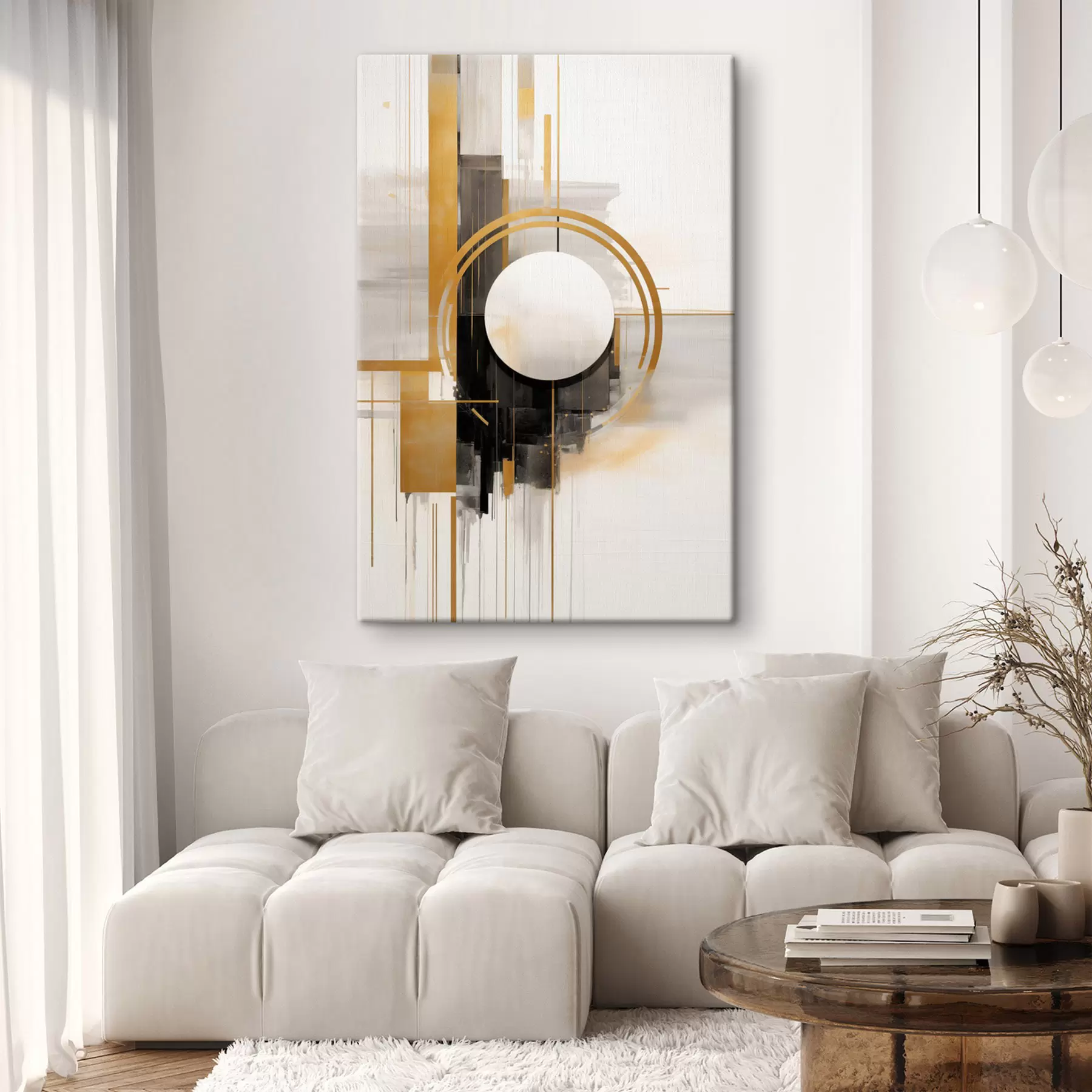  Schilderijen Abstracte geometrische vormen en cirkels met gele accenten, kunst met textuur s49480