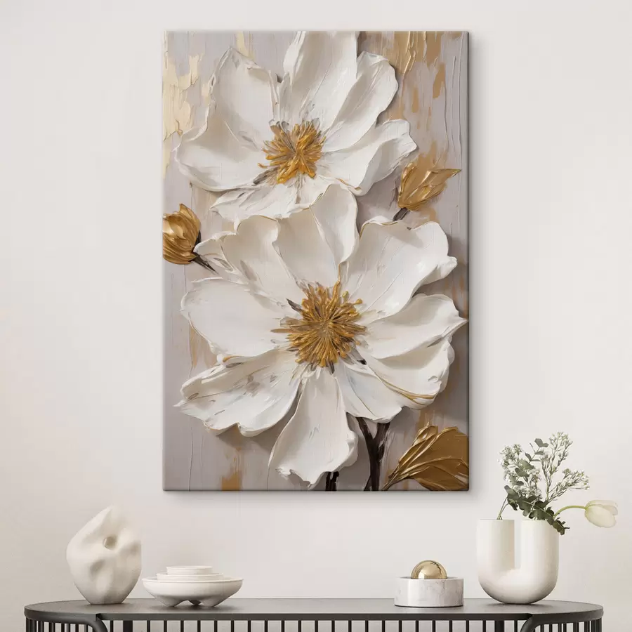  Schilderijen Witte bloemen met reliëf en fijne bloemblaadjes tegen een abstracte achtergrond s49487