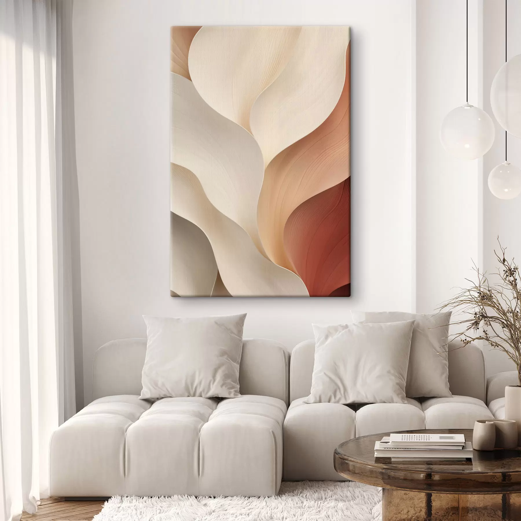  Schilderijen Abstracte vormen met vloeiende, zachte lijnen in crèmekleurige en beige tinten s49489