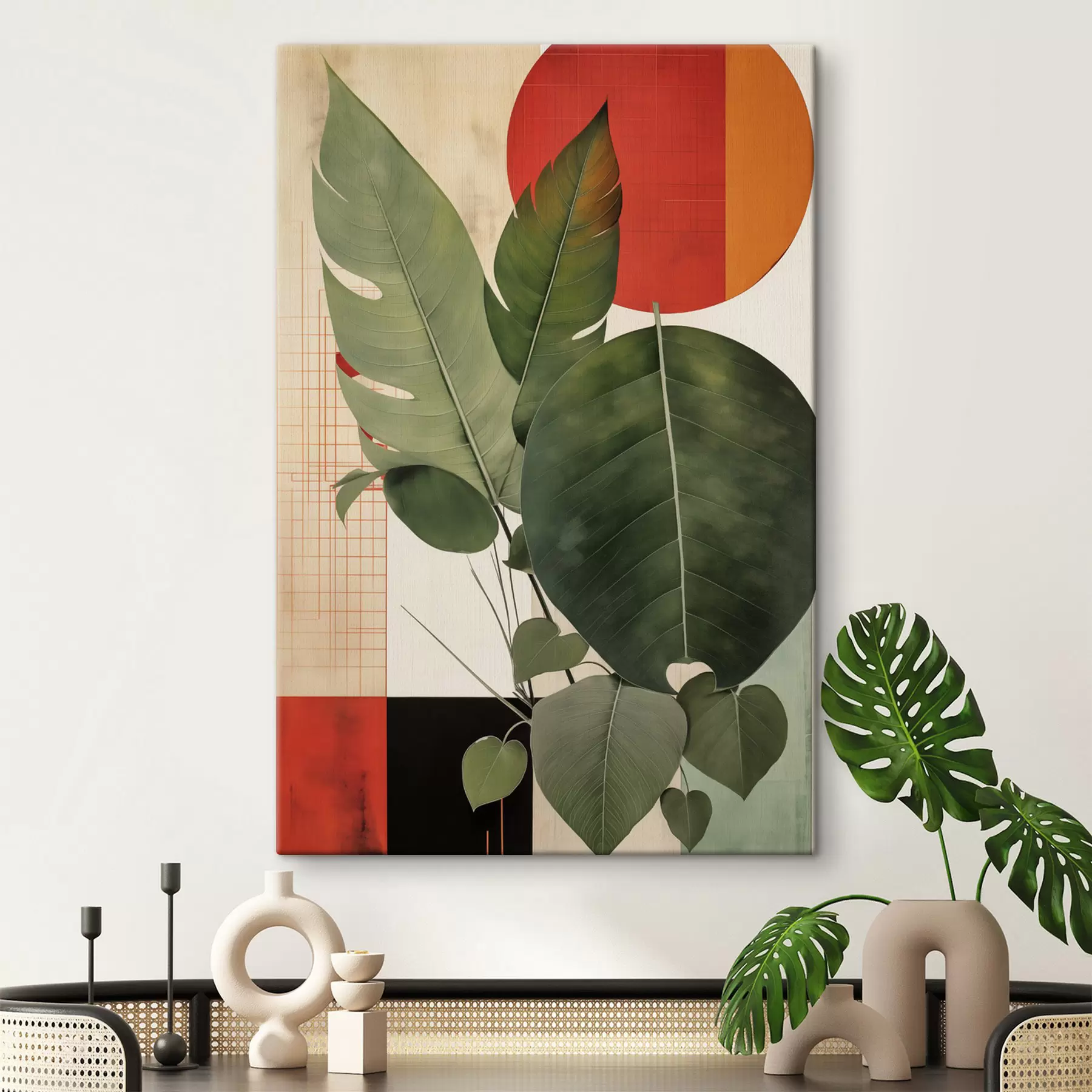  Schilderijen Grote bladeren tegen een geometrische achtergrond, in de stijl van abstracte moderne kunst s49490