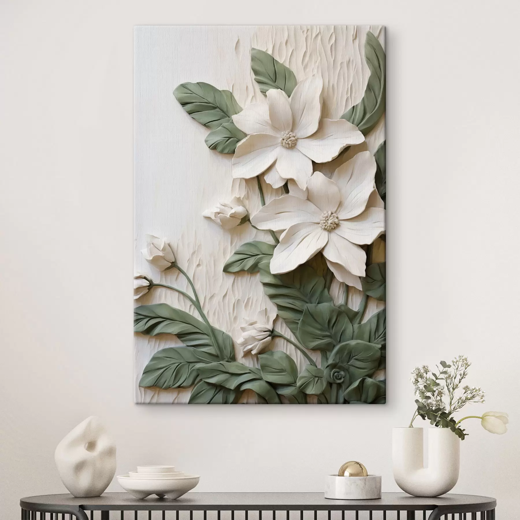  Schilderijen Witte bloemen en groene bladeren op een structuurrijke achtergrond met bladeren s49497
