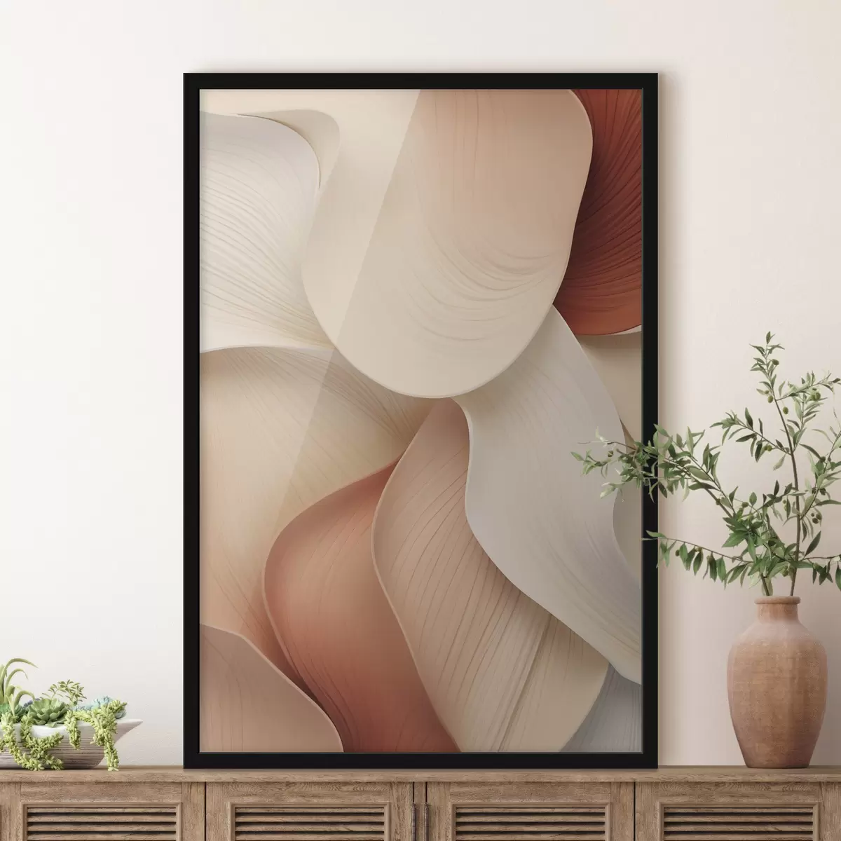 Poster Abstracte vormen met vloeiende, zachte lijnen in crèmekleurige en beige tinten f49488