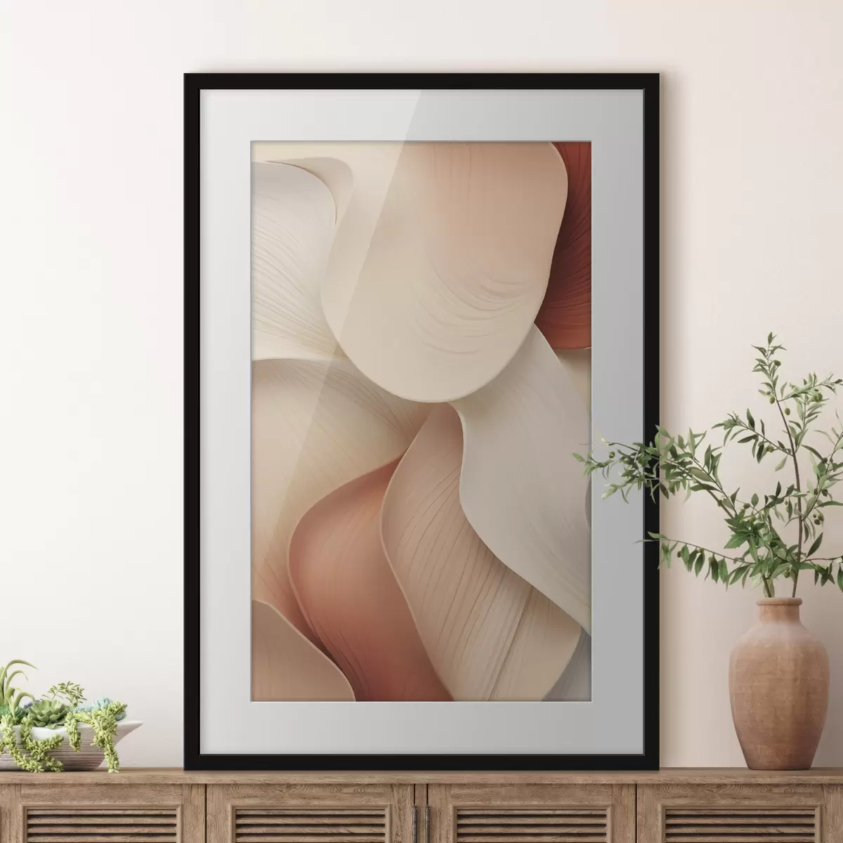 Poster Abstracte vormen met vloeiende, zachte lijnen in crèmekleurige en beige tinten f49488