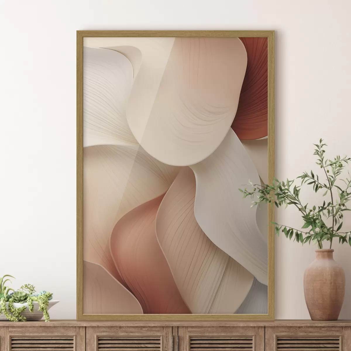 Poster Abstracte vormen met vloeiende, zachte lijnen in crèmekleurige en beige tinten f49488