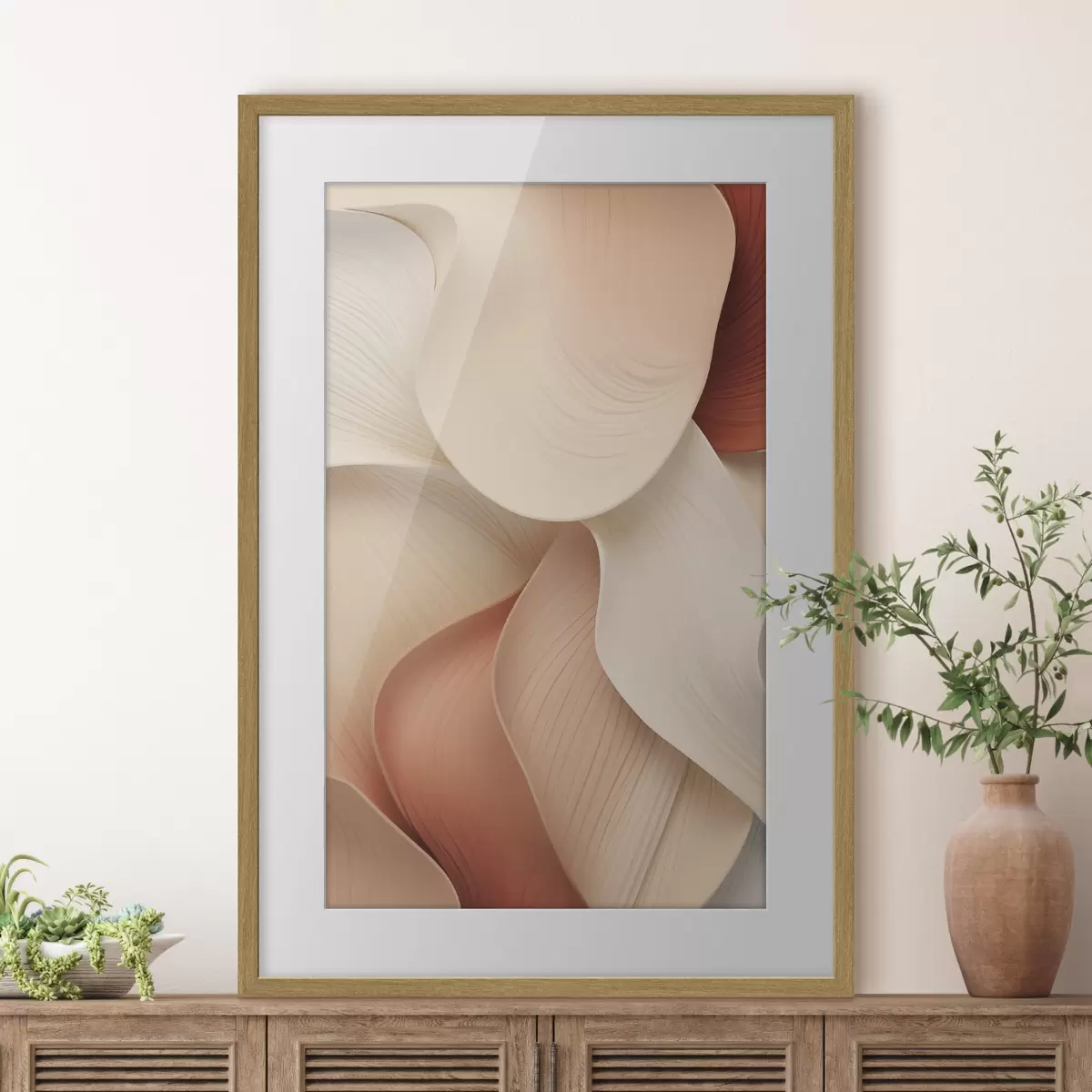 Poster Abstracte vormen met vloeiende, zachte lijnen in crèmekleurige en beige tinten f49488