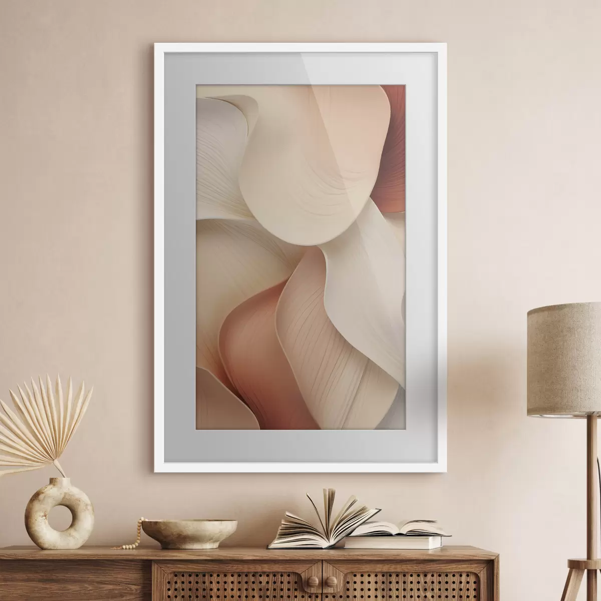 Poster Abstracte vormen met vloeiende, zachte lijnen in crèmekleurige en beige tinten f49488