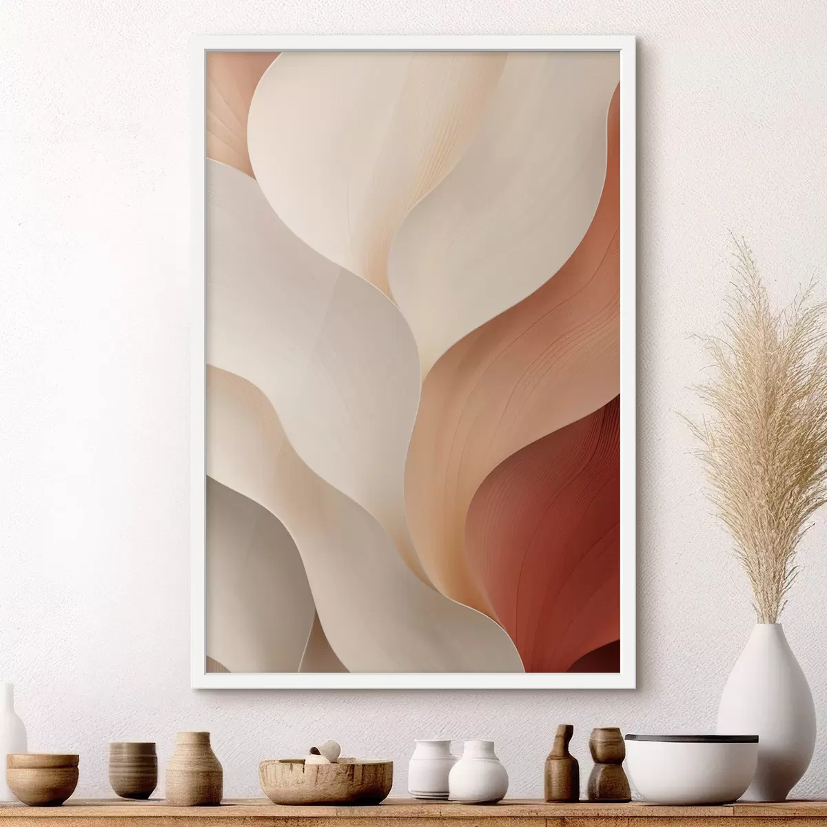 Poster Abstracte vormen met vloeiende, zachte lijnen in crèmekleurige en beige tinten f49489