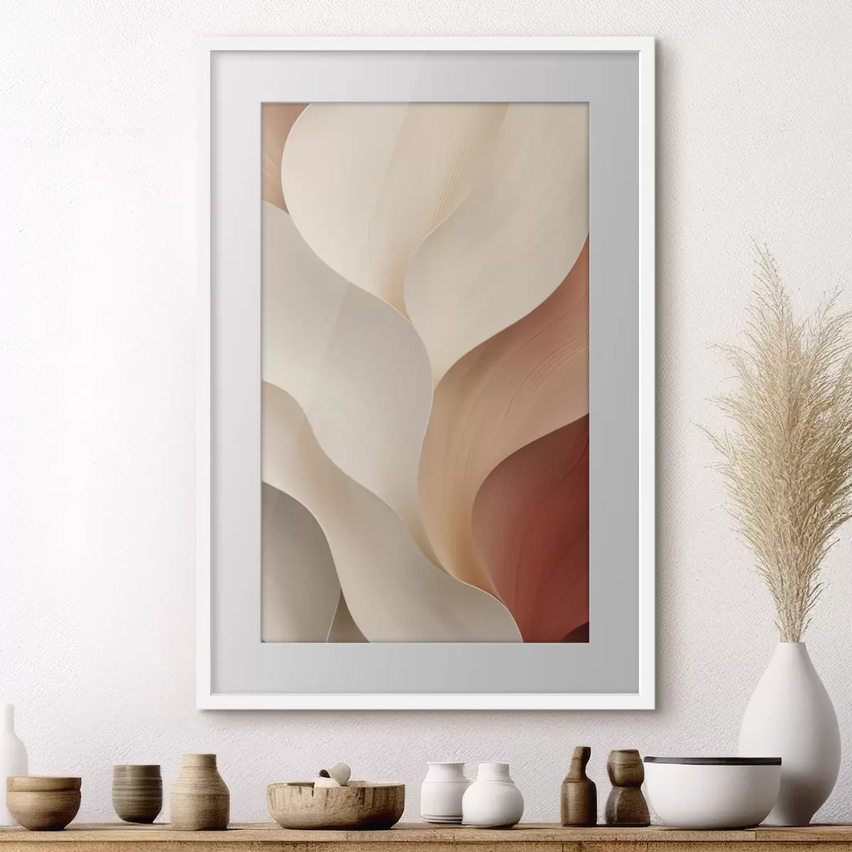 Poster Abstracte vormen met vloeiende, zachte lijnen in crèmekleurige en beige tinten f49489