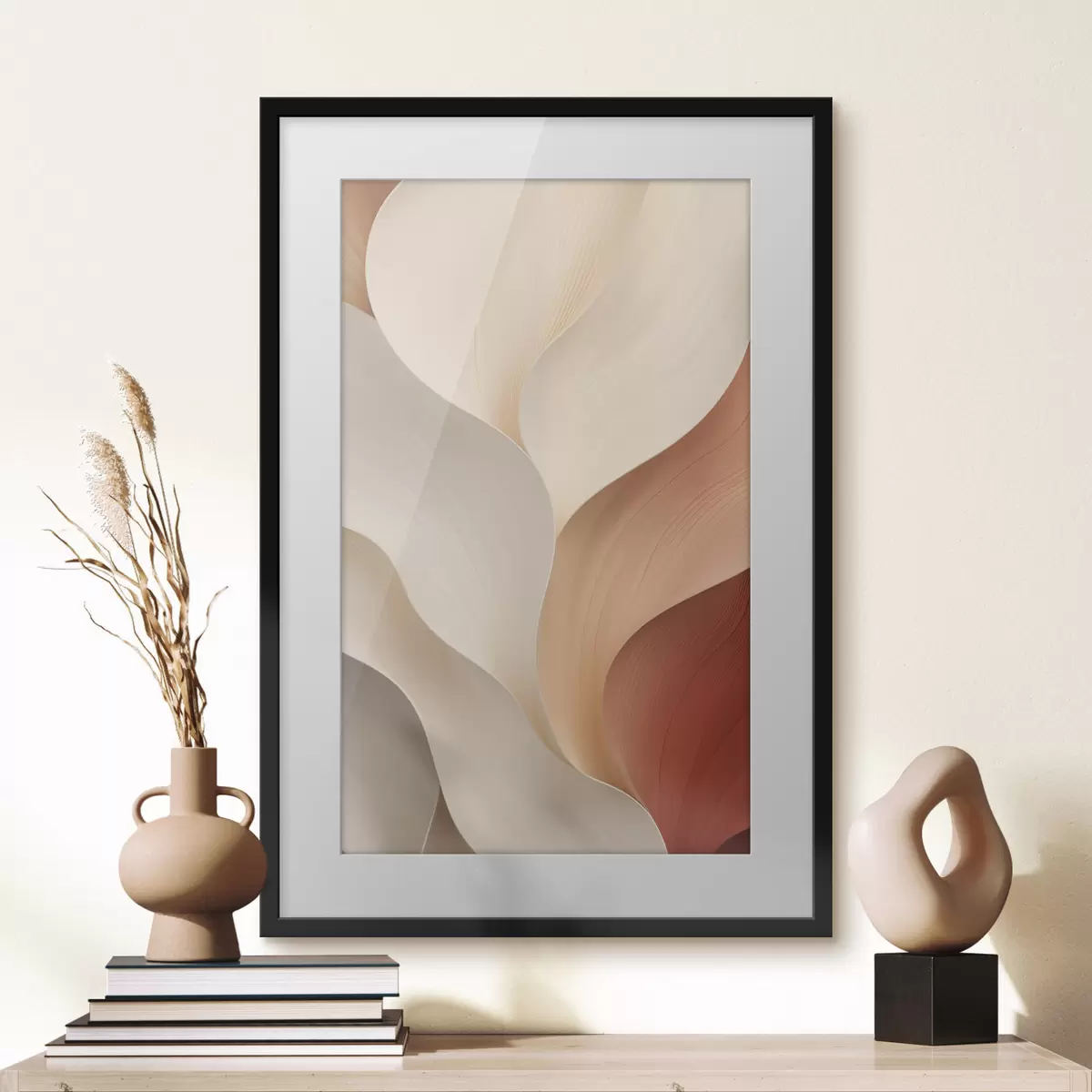 Poster Abstracte vormen met vloeiende, zachte lijnen in crèmekleurige en beige tinten f49489