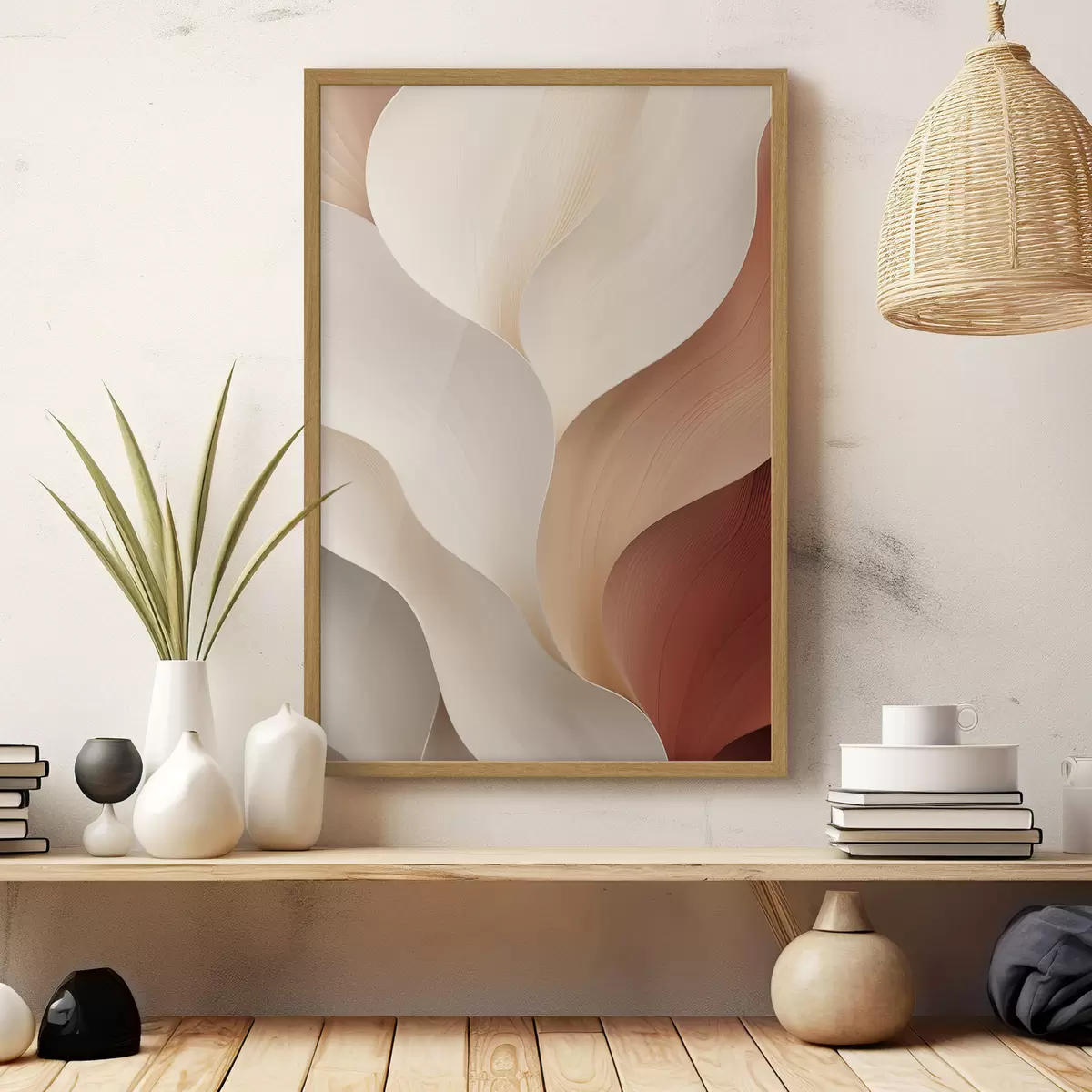 Poster Abstracte vormen met vloeiende, zachte lijnen in crèmekleurige en beige tinten f49489