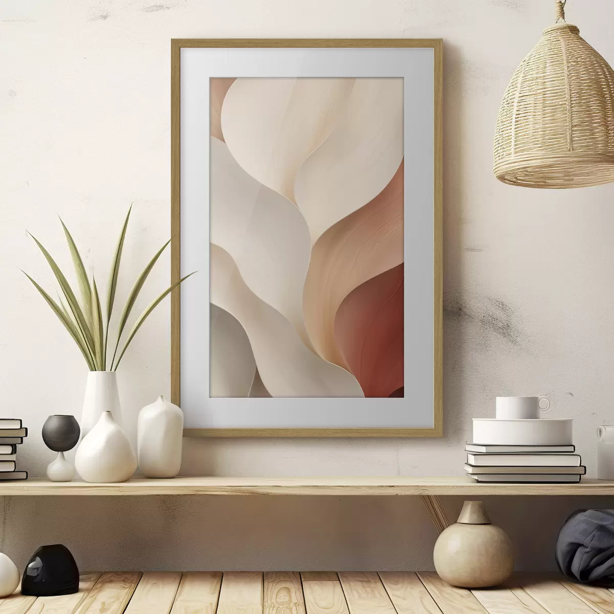 Poster Abstracte vormen met vloeiende, zachte lijnen in crèmekleurige en beige tinten f49489