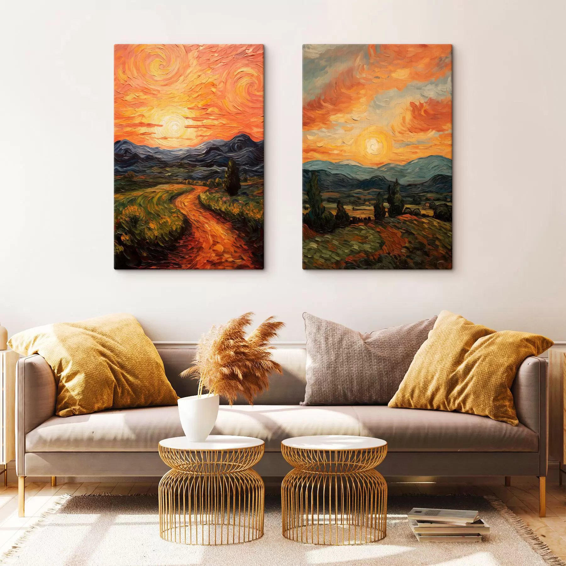  Schilderijen Levendig landschap, oranje en gele lucht met een zon, gestileerde kunst met textuur m30575