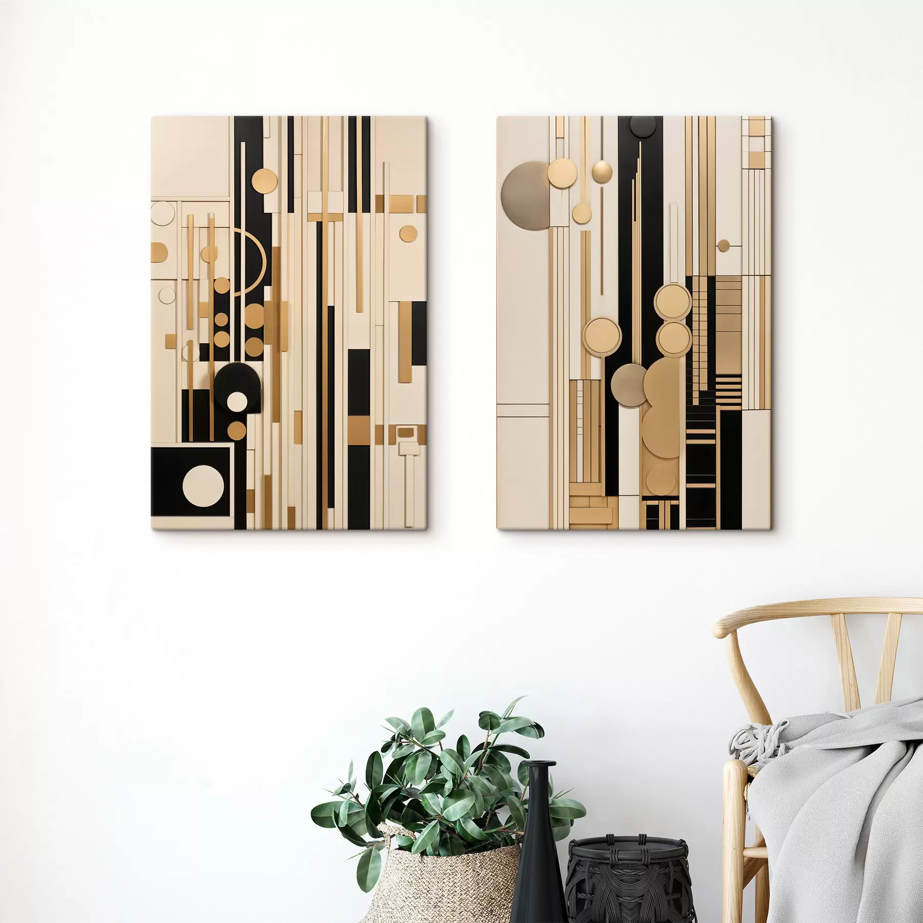  Schilderijen Een abstracte geometrische compositie met cirkels, rechthoeken en verticale lijnen m30577