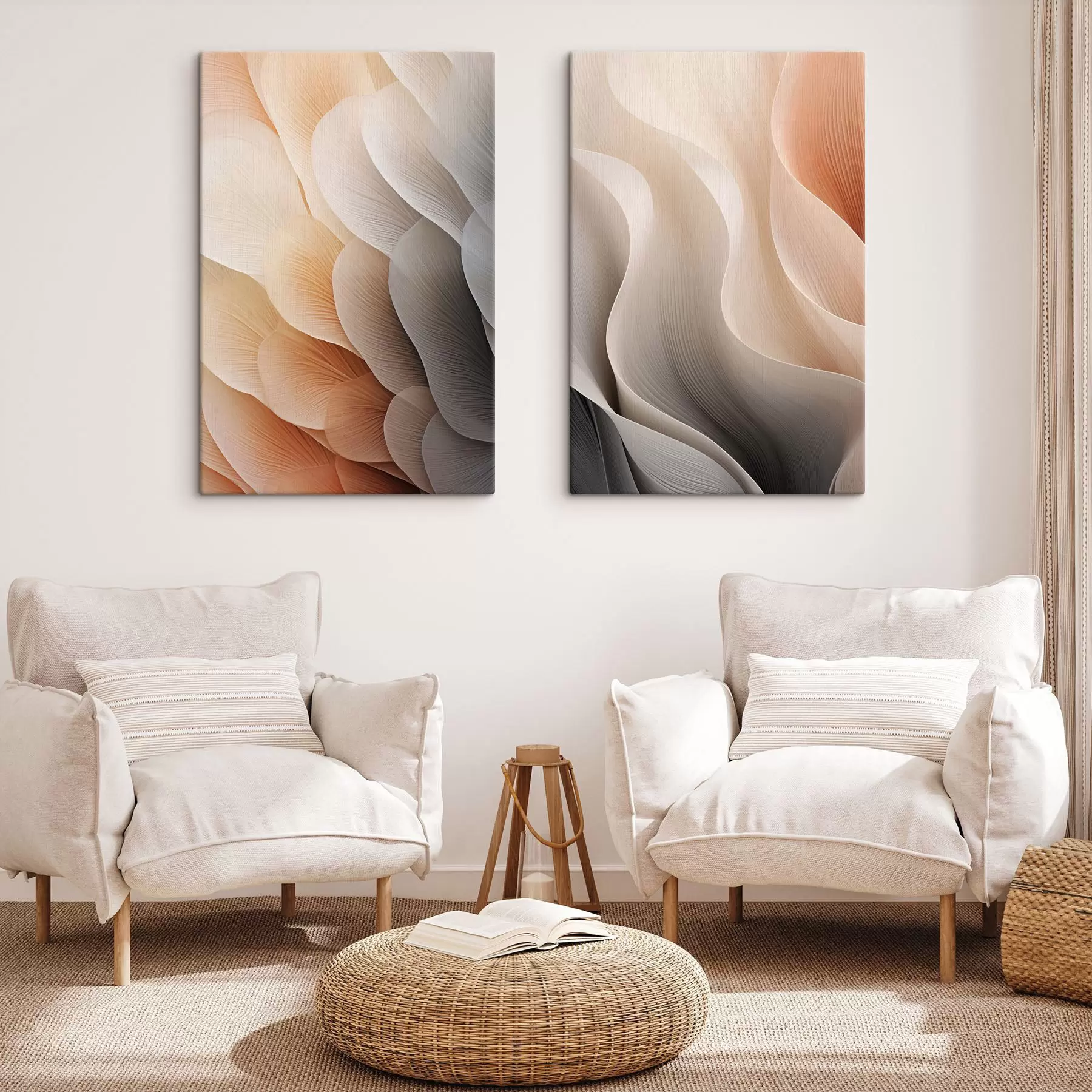  Schilderijen Abstracte, doorschijnende, bloembladachtige texturen in perzik-, crème- en grijstinten m30582
