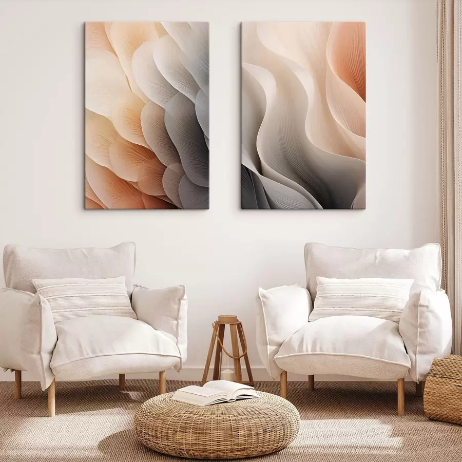  Schilderijen Abstracte, doorschijnende, bloembladachtige texturen in perzik-, crème- en grijstinten m30582