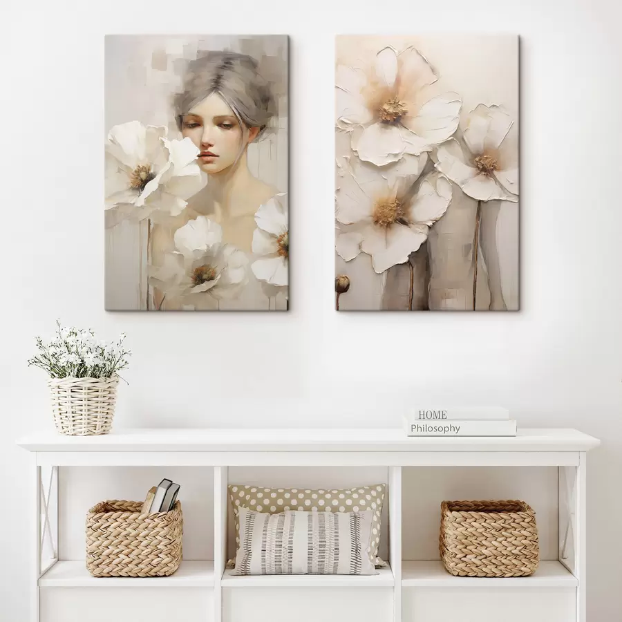  Schilderijen Portret van een vrouw met grote witte bloemen, tegen een lichte, abstracte achtergrond m30583