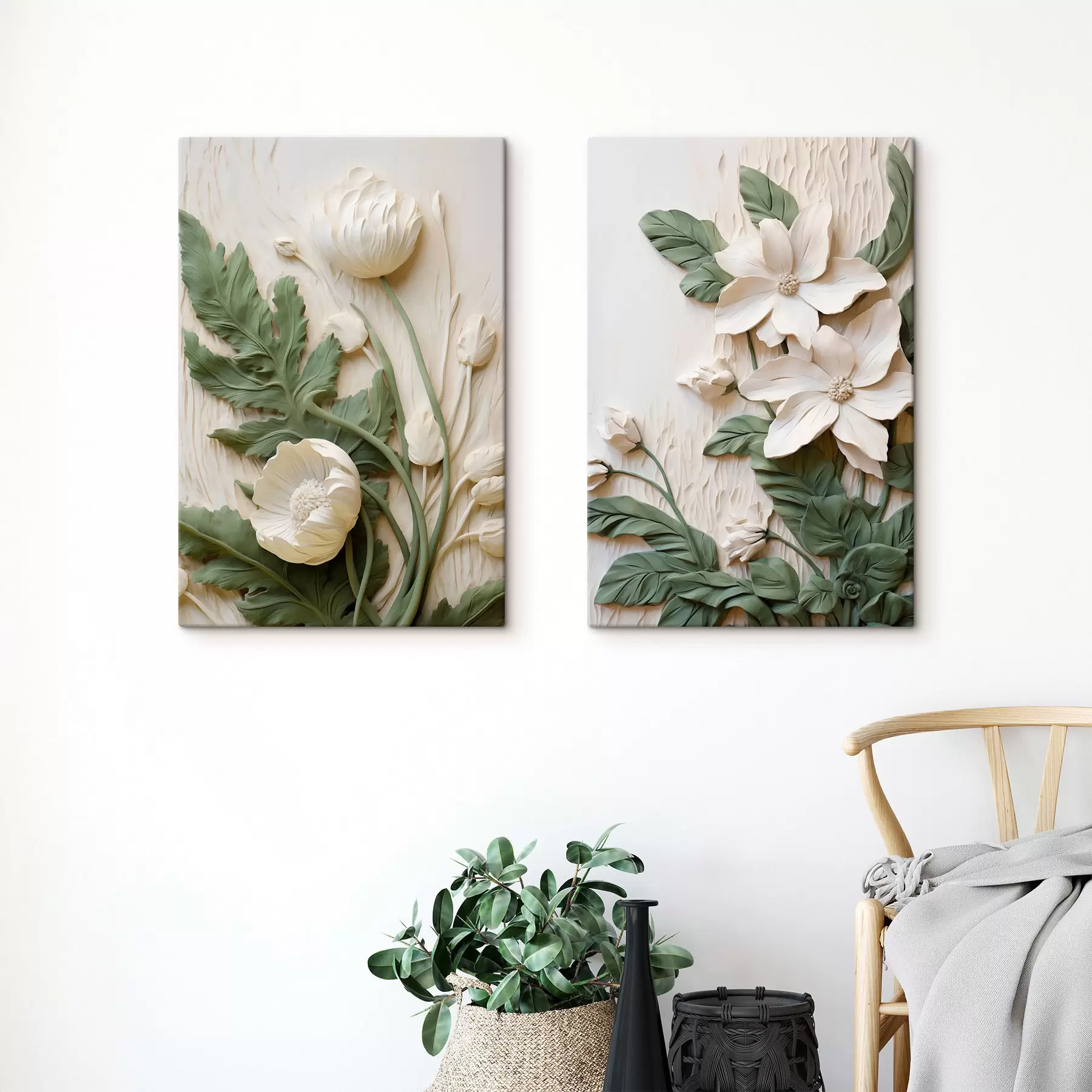  Schilderijen Witte bloemen en groene bladeren op een structuurrijke achtergrond met bladeren m30584