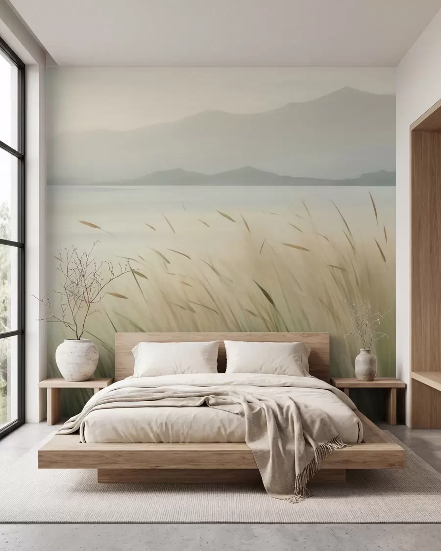 Fotobehang Gras aan het meer met de bergen op de achtergrond w05668