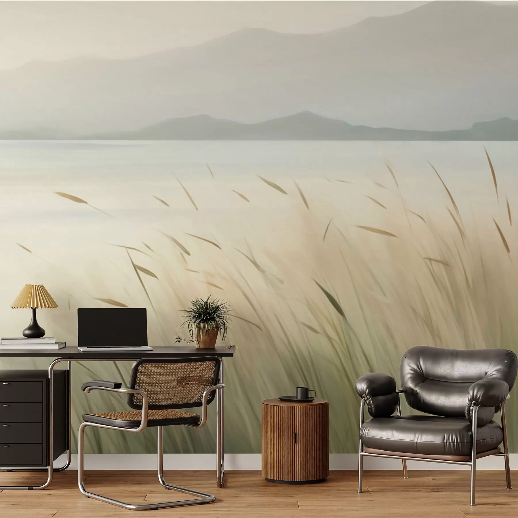 Fotobehang Gras aan het meer met de bergen op de achtergrond w05668