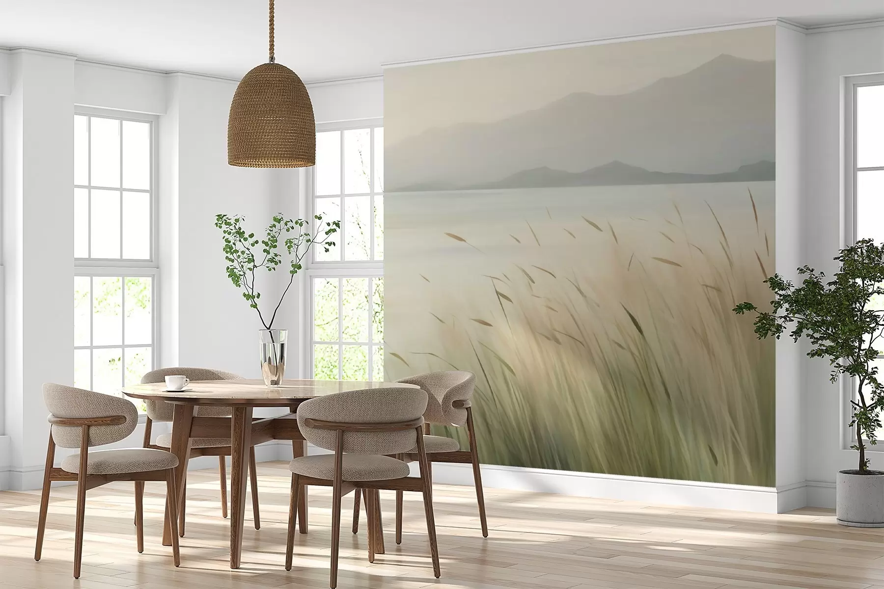 Fotobehang Gras aan het meer met de bergen op de achtergrond w05668