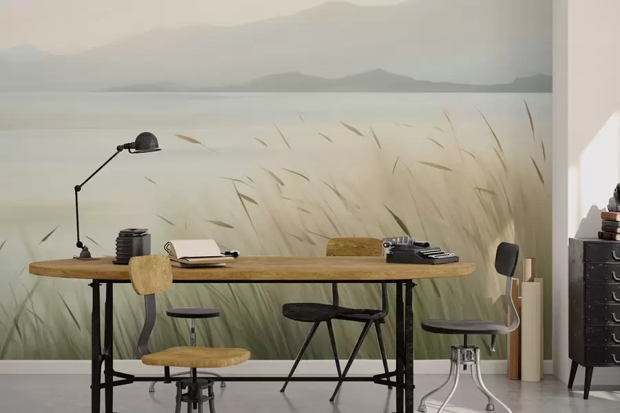 Fotobehang Gras aan het meer met de bergen op de achtergrond w05668
