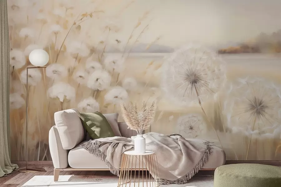 Fotobehang Abstracte schilderij met imitatie van paardenbloemen w05671