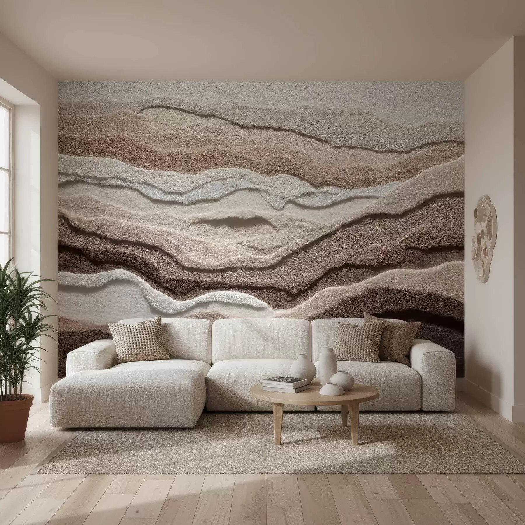 Fotobehang Fotobehang met structuur en gelaagde zandformaties in een warm beige kleurenpalet w09807