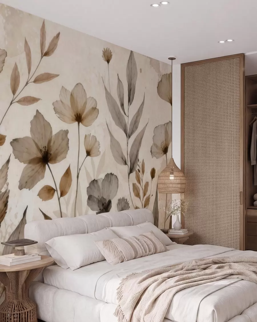 Fotobehang Verfijnde aquarelbloemen in een zacht beige en crèmekleurig palet w09875