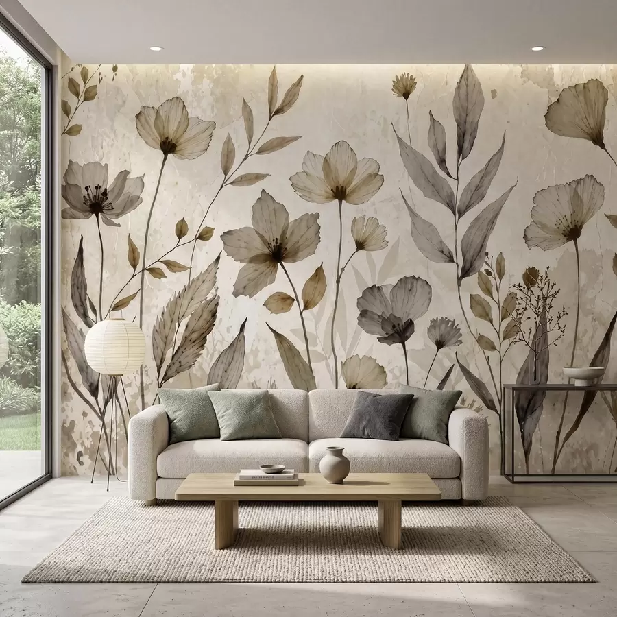 Fotobehang Verfijnde aquarelbloemen in een zacht beige en crèmekleurig palet w09875