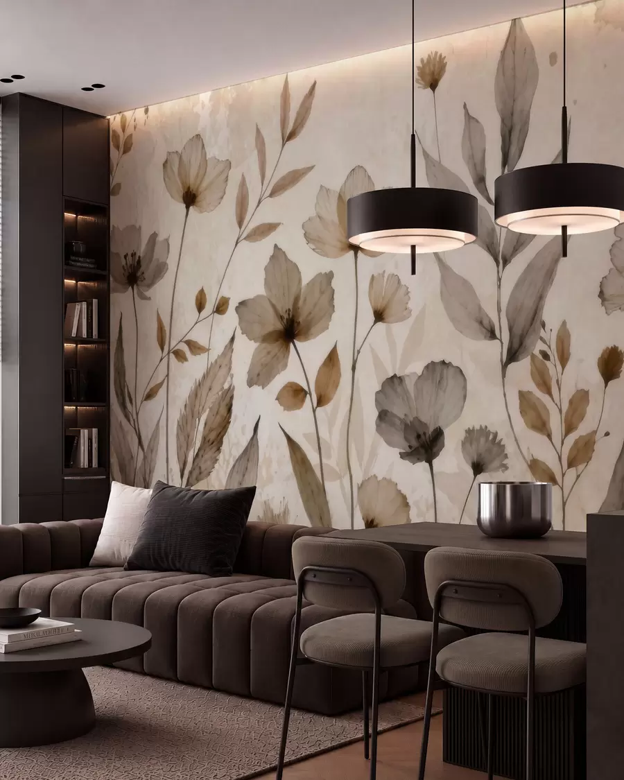 Fotobehang Verfijnde aquarelbloemen in een zacht beige en crèmekleurig palet w09875