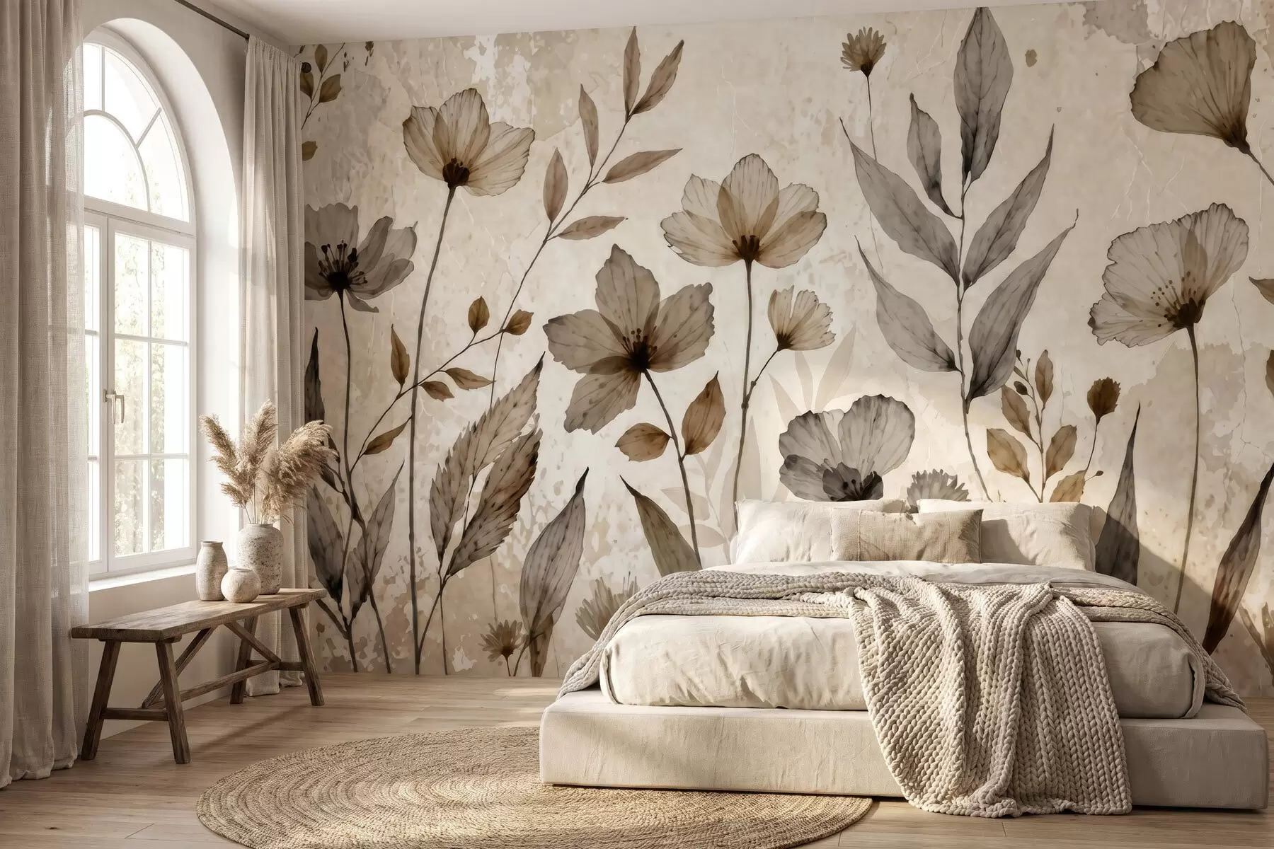 Fotobehang Verfijnde aquarelbloemen in een zacht beige en crèmekleurig palet w09875
