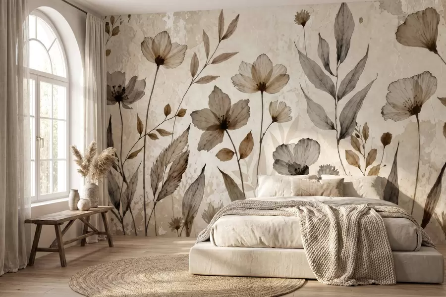 Fotobehang Verfijnde aquarelbloemen in een zacht beige en crèmekleurig palet w09875