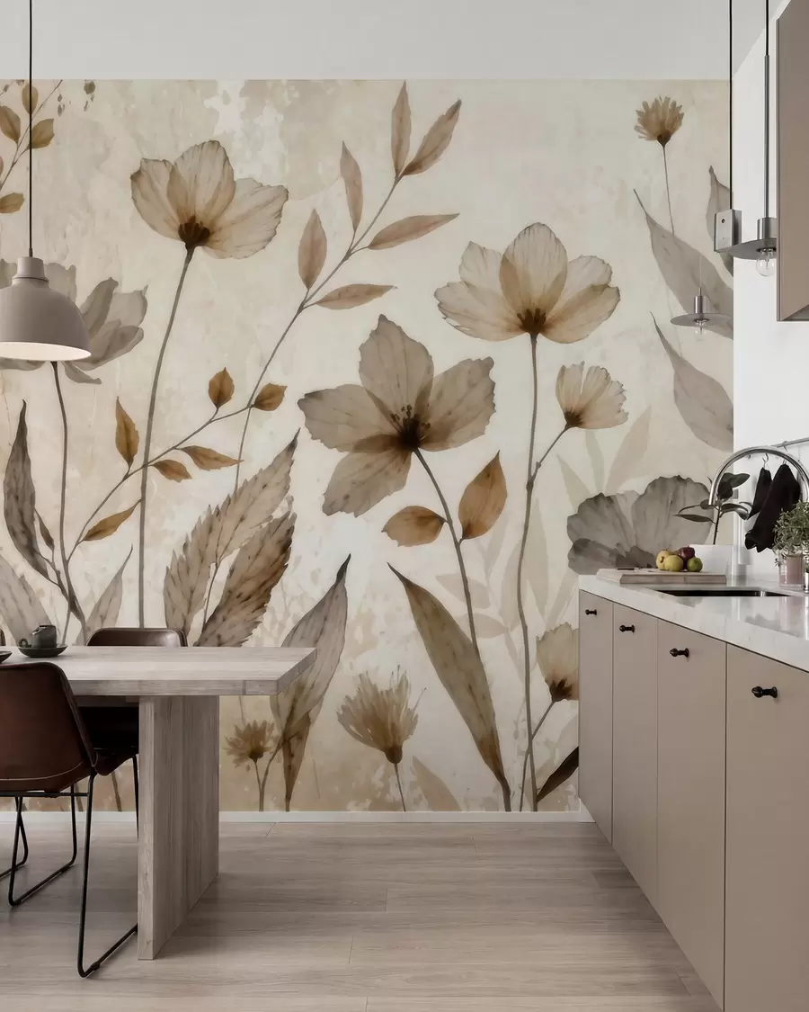 Fotobehang Verfijnde aquarelbloemen in een zacht beige en crèmekleurig palet w09875